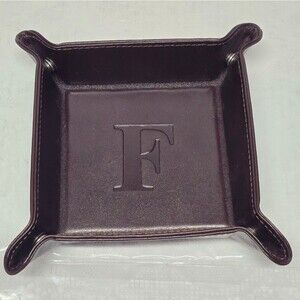 Genuine Brown Leather Valet Tray Trinket Dish Personalized With Letter "F"